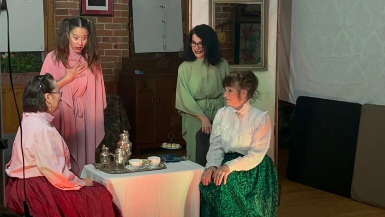Susan Brown as Harriet and Judy Filipchuk as Hetty stare at Margaret Lorraine Crowston in disgust. Joan Gottman as Maggie is horrified.