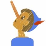 Pinocchio, an adorable curious puppet looks up iin perplexity at his growing nose.